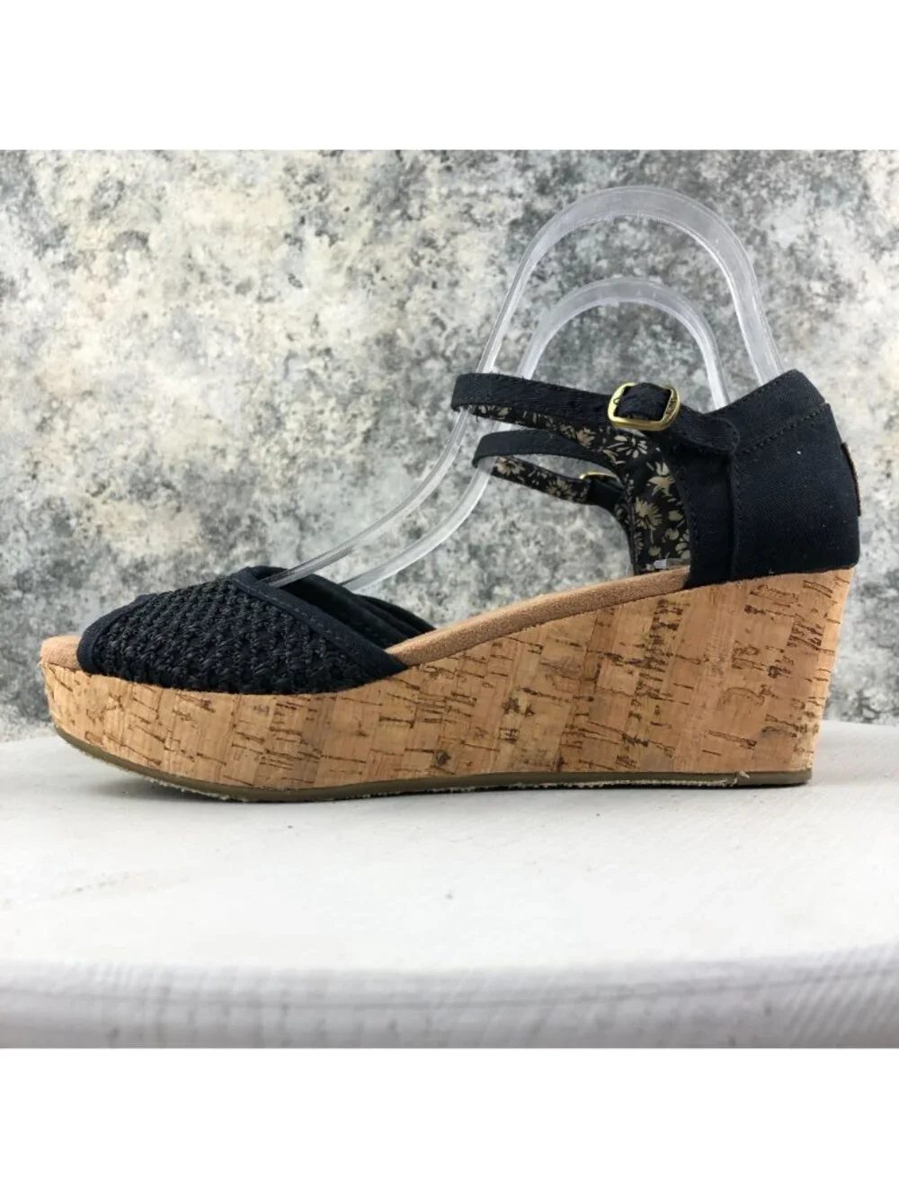 Toms Women's Size 8.5 Black Open Toe Ankle Strap High Heel Cork Wedges Sandals
